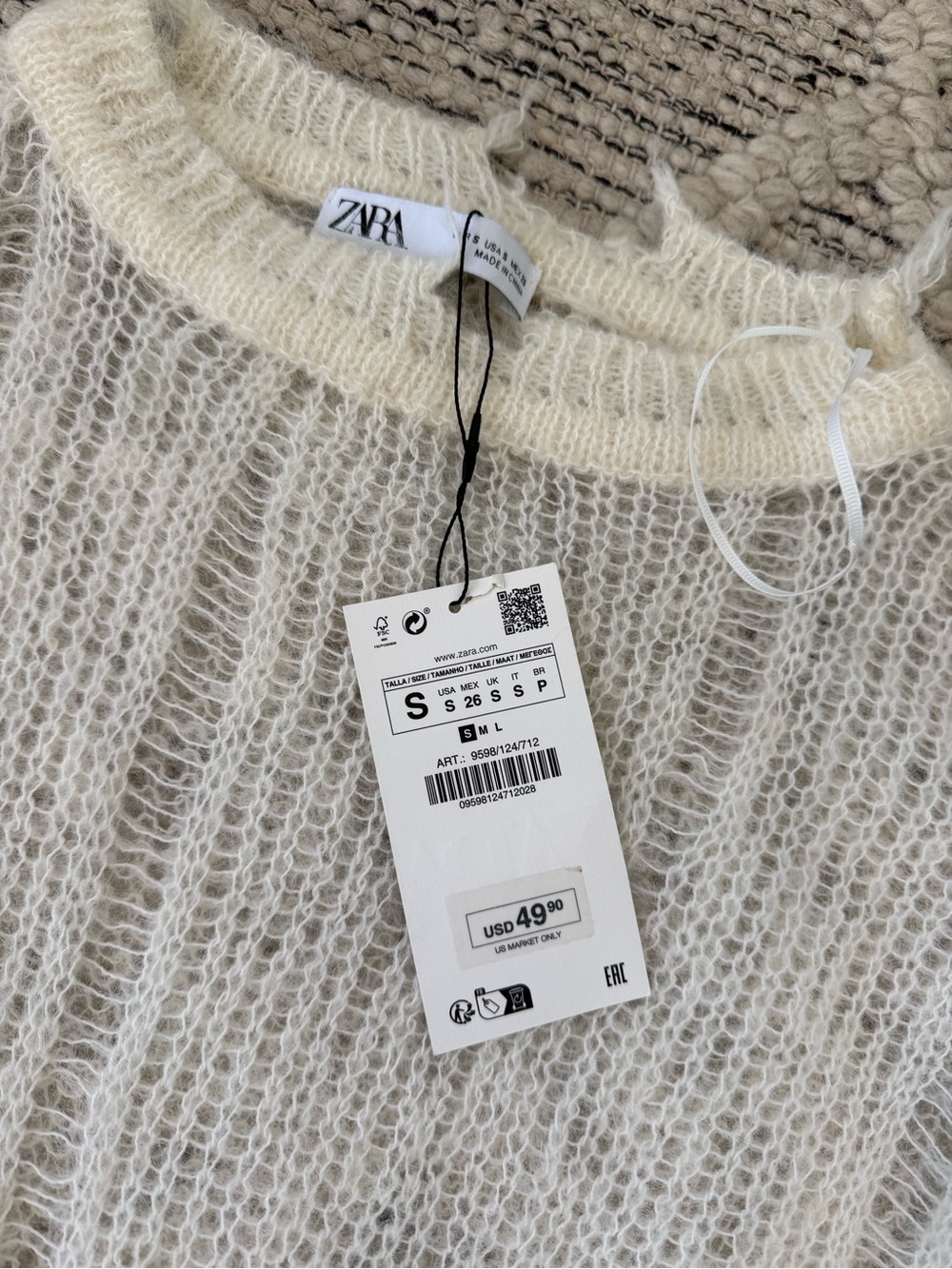 ZARA Alpaca Wool Blend Distressed Open Knit Sweater Ivory Size S NWT - Picture 5 of 5